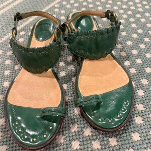 Frye Green Leather Sandals with Brass Details